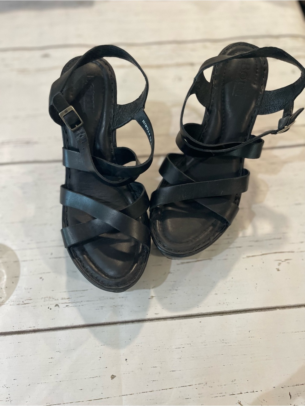 BORN Black Leather Strappy Wedge Sandals Women’s Size 8